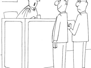 a cartoon of a judge and two lawyers and words "is that your plea... to err is hliman?"